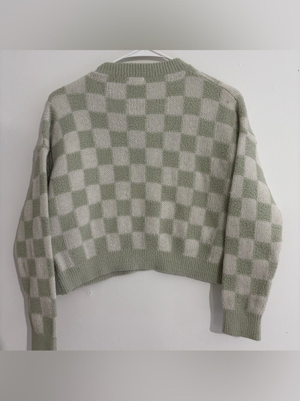 Cropped Checkerboard Knit Sweater - Sage/Cream | Size Small - Picture 3 of 6